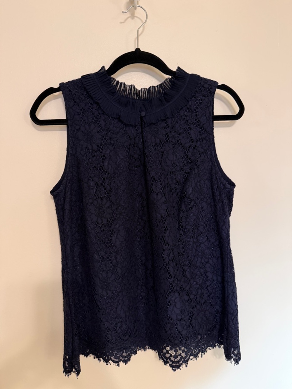 J. Crew Navy Ruffled Lace Neck Blouse